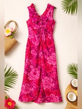 Vintage Lauhala Hawaii Pink Floral Luau Dress 6 Tropical Sleeveless Resort K